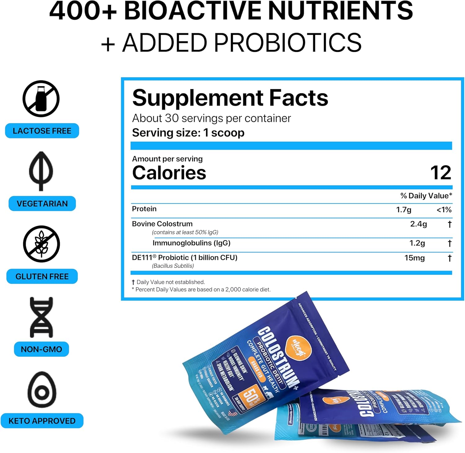 Colostrum with DE111 Probiotics: Athletic Recovery & Immune Support - Grass Fed, Gluten-Free, Sugar-Free, Fat-Free - 50% IgG, 400+ Nutrients