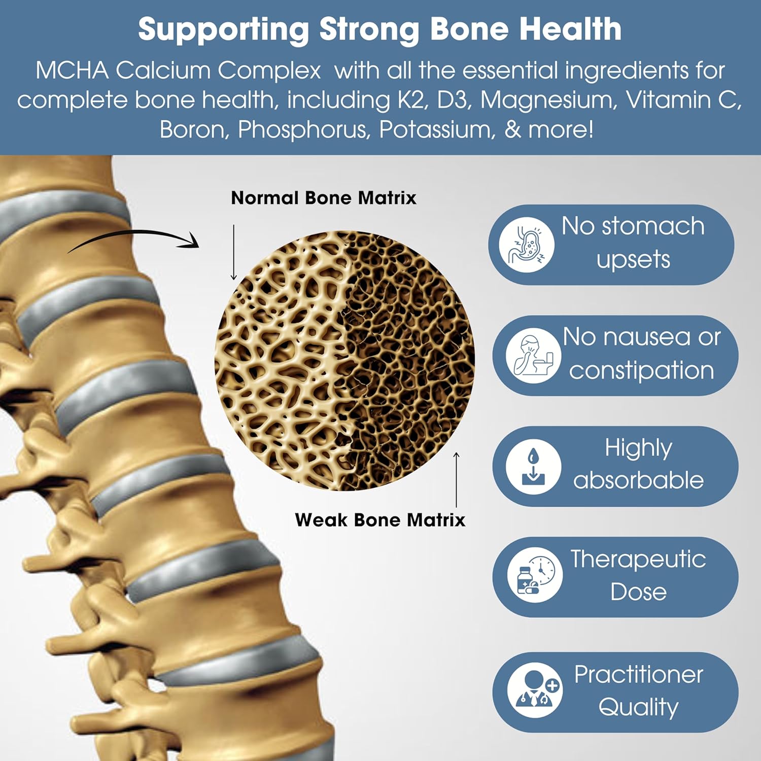 Complete Bone Health Calcium Supplement for Women & Men - Calcium Citrate & Hydroxyapatite + Vitamin D3 K2 Magnesium Zinc - 180 Tablets