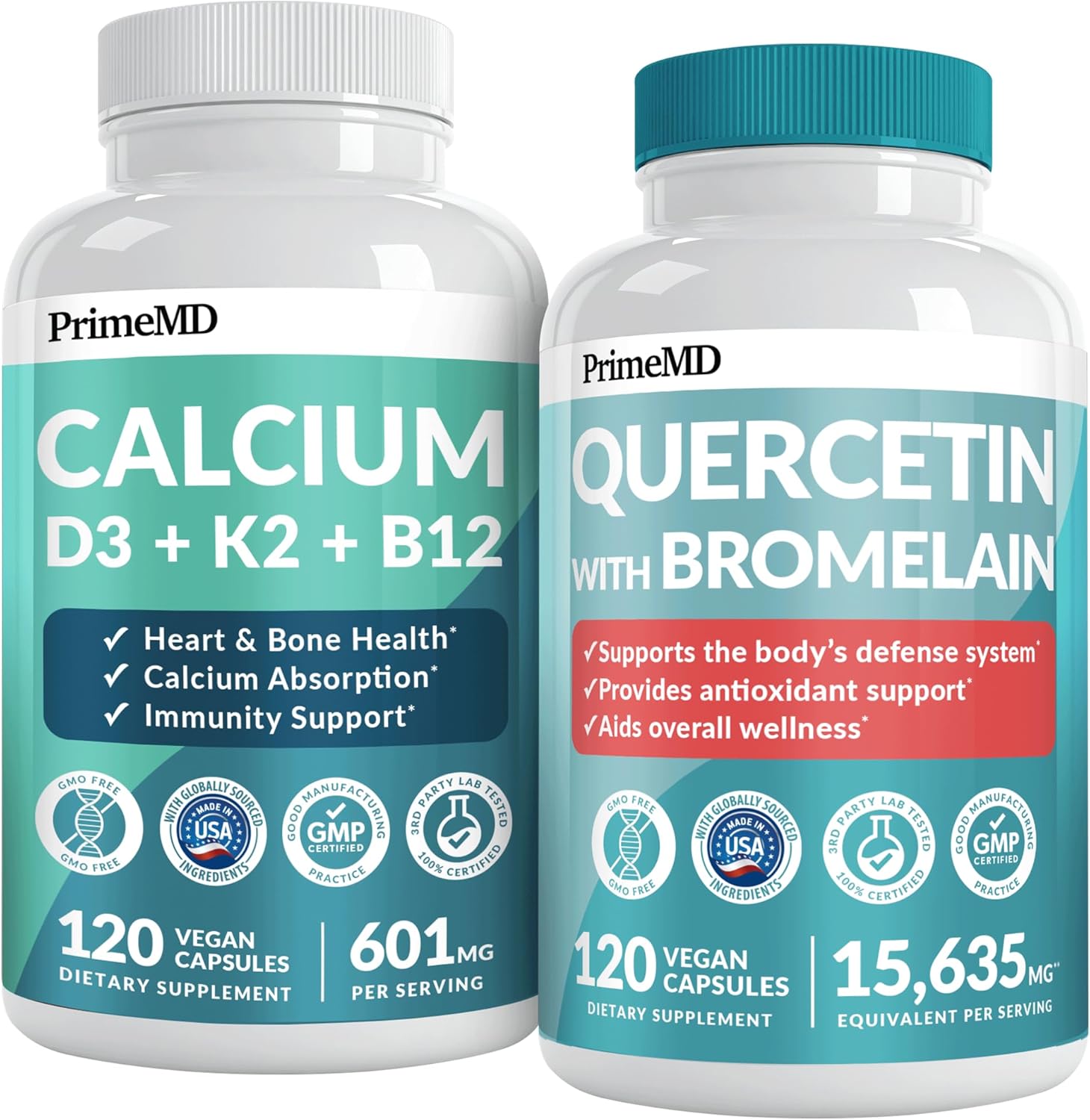 Complete Calcium & Quercetin Supplements for Immune & Overall Health - 120 ct Capsules Each