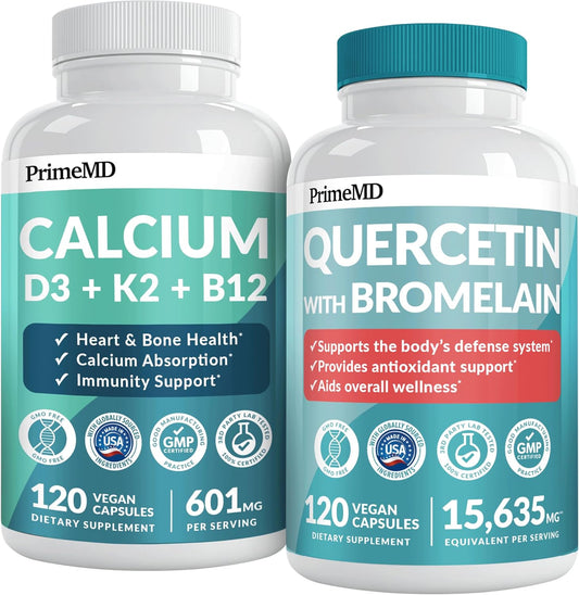 Complete Calcium & Quercetin Supplements for Immune & Overall Health - 120 ct Capsules Each