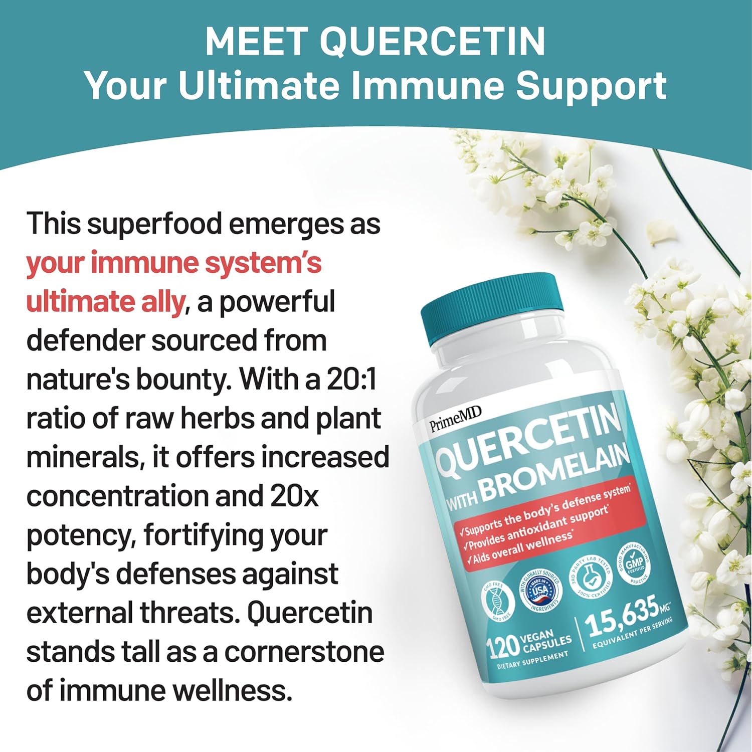 Complete Calcium & Quercetin Supplements for Immune & Overall Health - 120 ct Capsules Each