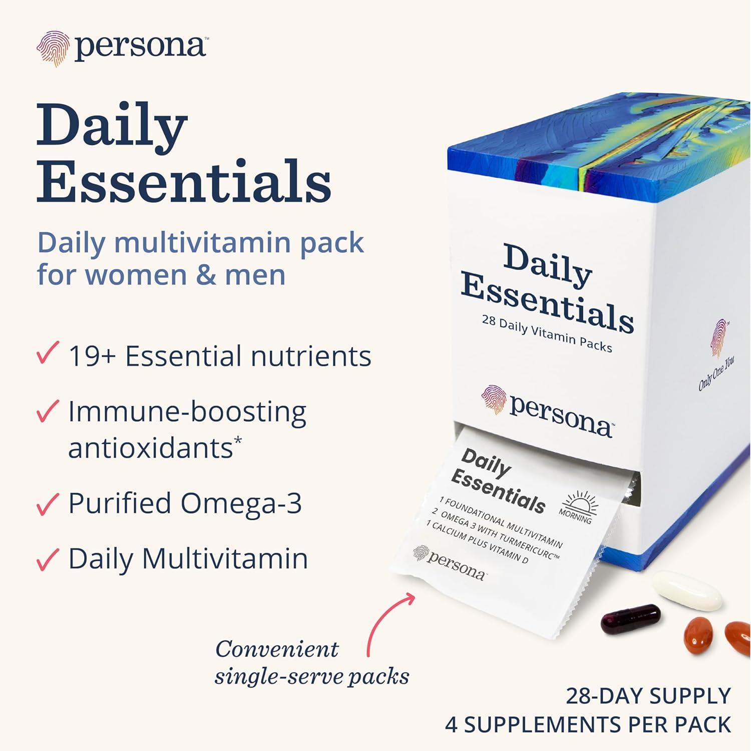 Complete Daily Essentials Multivitamin Pack for Women & Men - Includes Omega 3, Turmeric, Calcium, Vitamin D (28 Pack)
