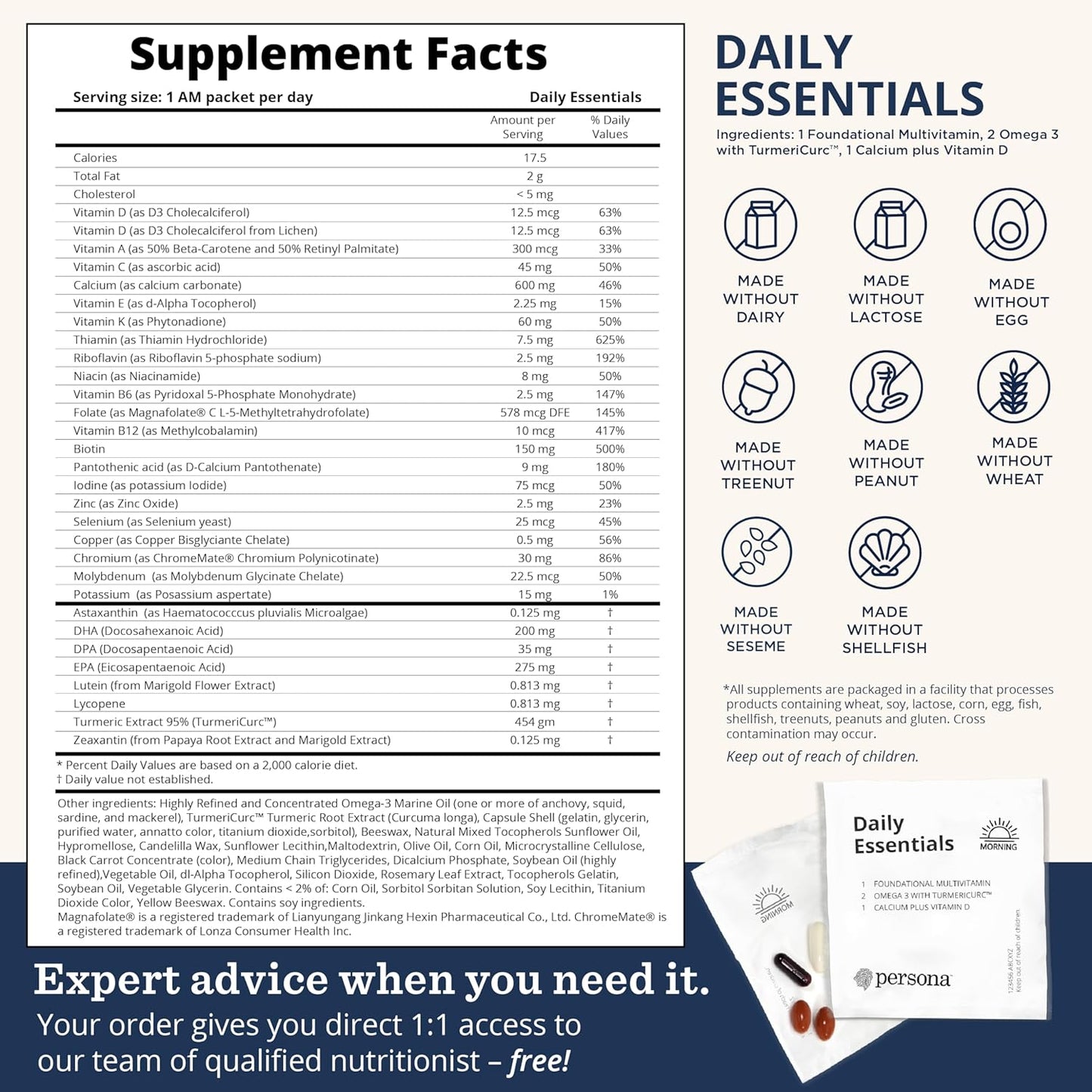 Complete Daily Essentials Multivitamin Pack for Women & Men - Includes Omega 3, Turmeric, Calcium, Vitamin D (28 Pack)