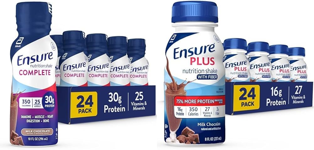 Complete Nutrition Shake & Ensure Plus Shake with Fiber - Meal Replacement, 16g Protein, Milk Chocolate, Gluten-Free - 8 Fl Oz, Pack of 24