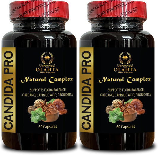 Comprehensive Candida Support Supplement with Caprylic Acid - Cleanse Detox Formula for Digestive Gut Health - 2 Bottles 120 Capsules