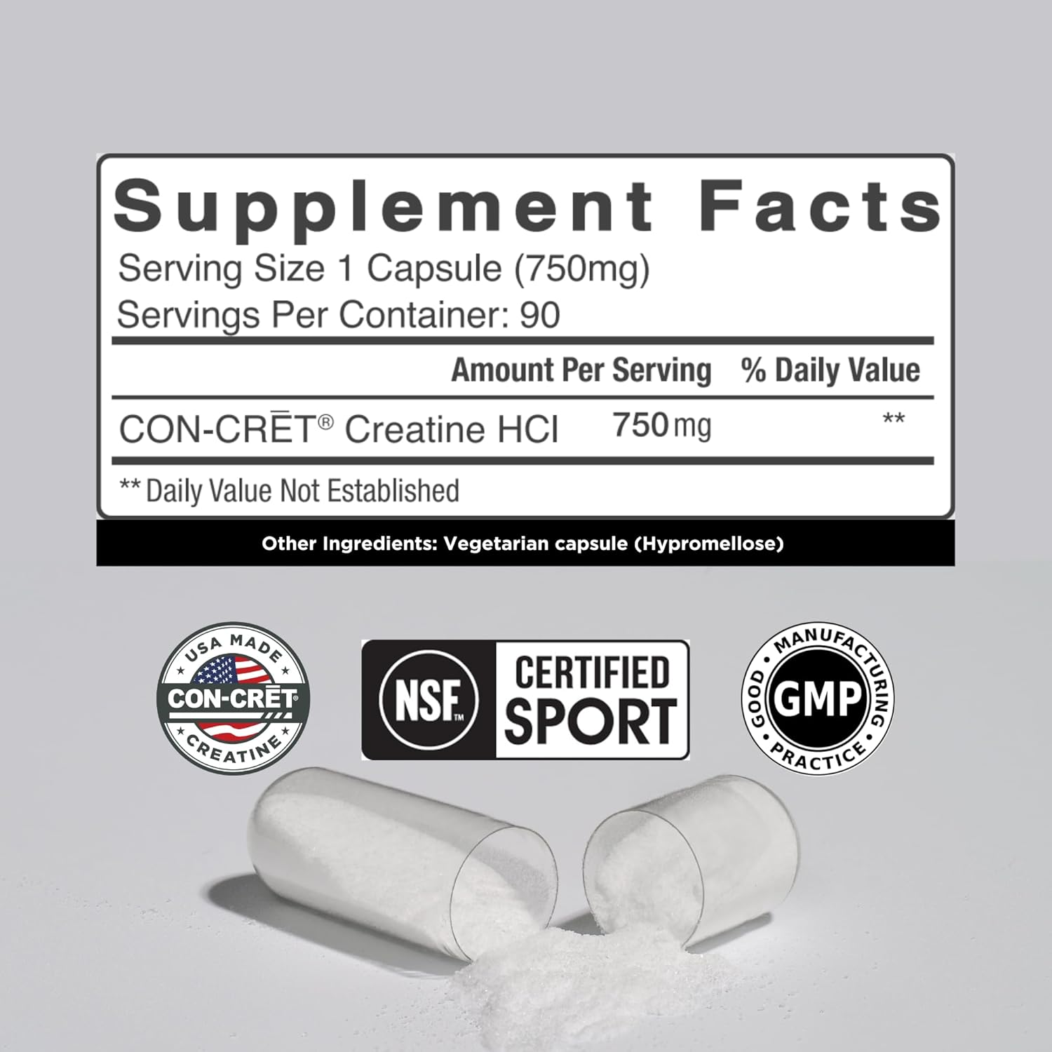 Con-Cret Creatine HCl Capsules - Muscle, Cognitive, and Cellular Energy Support - No Bloating or Cramps - USA Made & NSF Certified - 90 ct Creatine Pills for Enhanced Performance