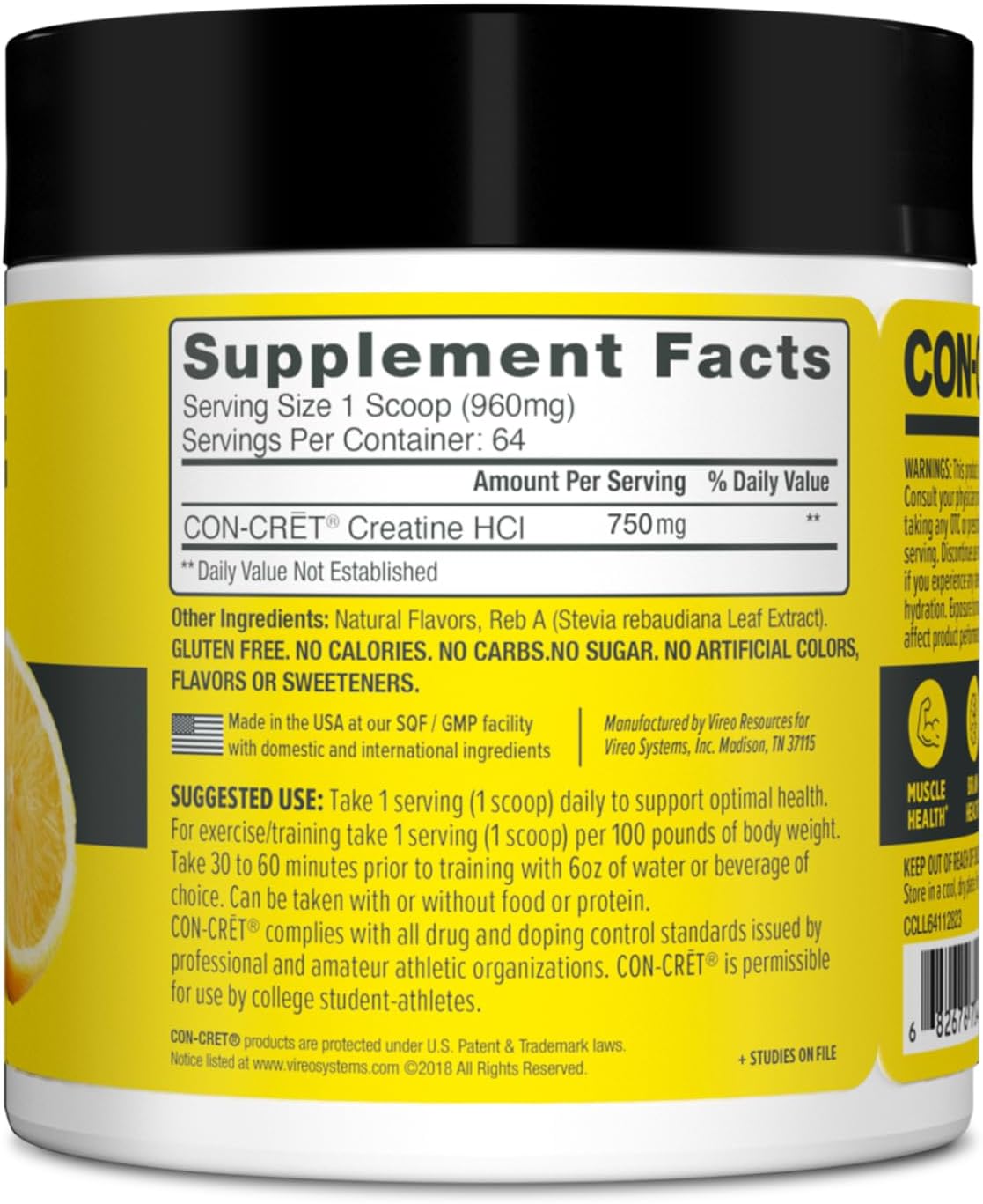 Con-Cret Creatine HCl Powder - Muscle & Cognitive Energy Support, No Bloating, NSF Certified - Lemon Lime (64 Servings)