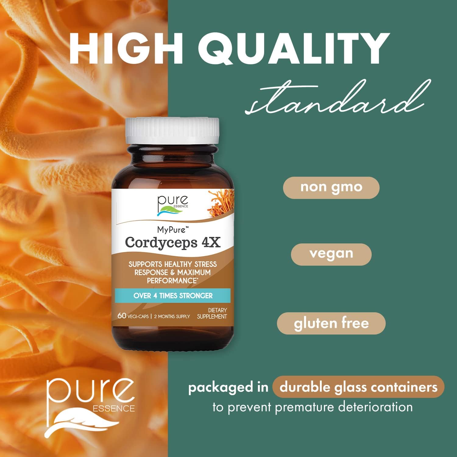 Concentrated Cordyceps Mushroom Powder Supplements for Immune System, Stress Response, Physical & Mental Performance - 2 Months Supply by PURE ESSENCE LABS