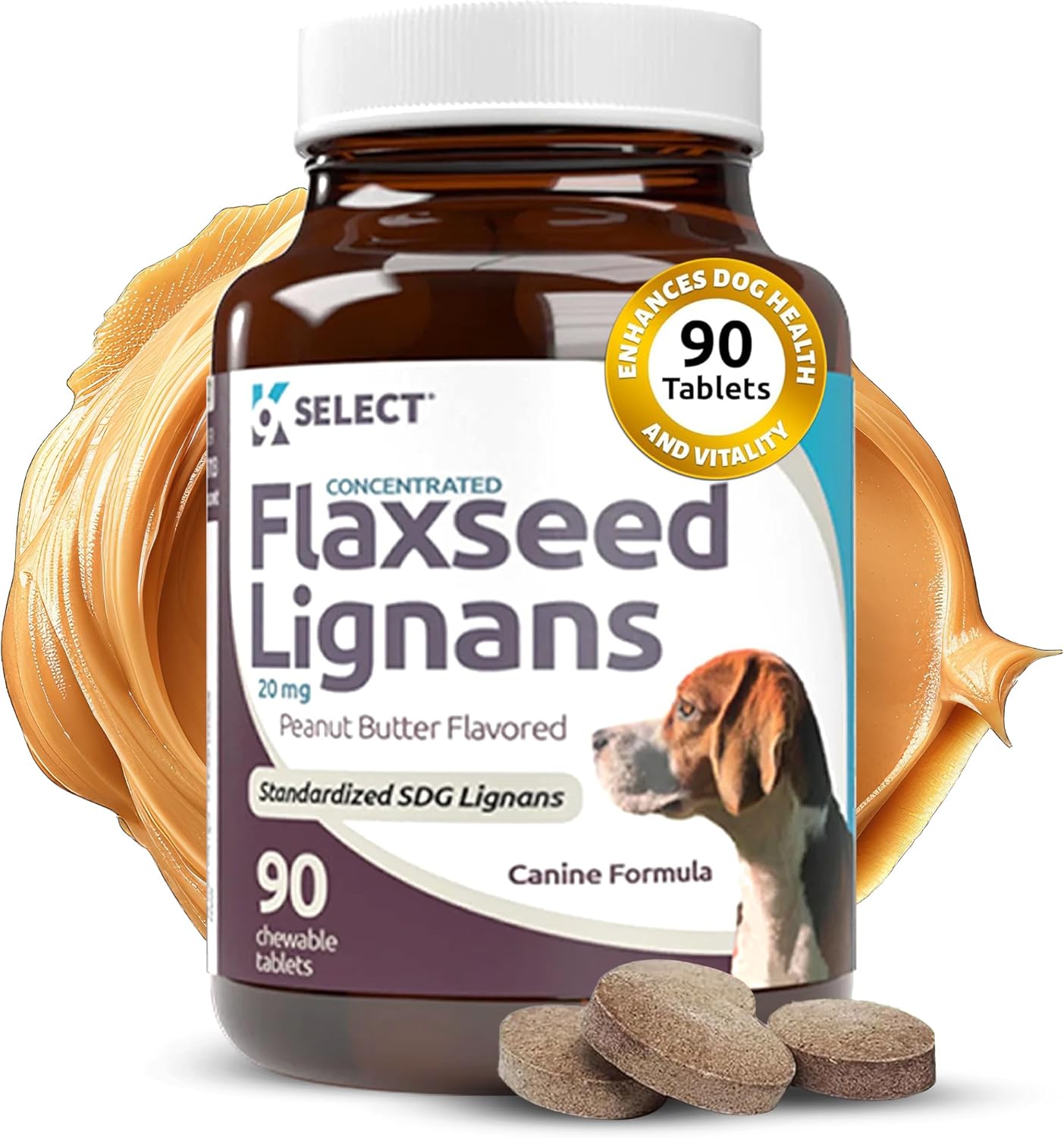 Concentrated Flaxseed Lignans for Dogs - 20mg, 90 Chewable Tablets, Peanut Butter Flavor - Promotes Healthy Coat
