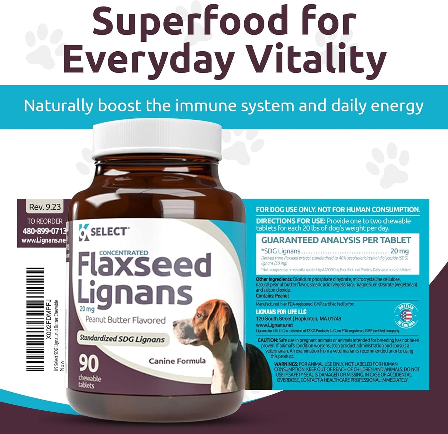 Concentrated Flaxseed Lignans for Dogs - 20mg, 90 Chewable Tablets, Peanut Butter Flavor - Promotes Healthy Coat