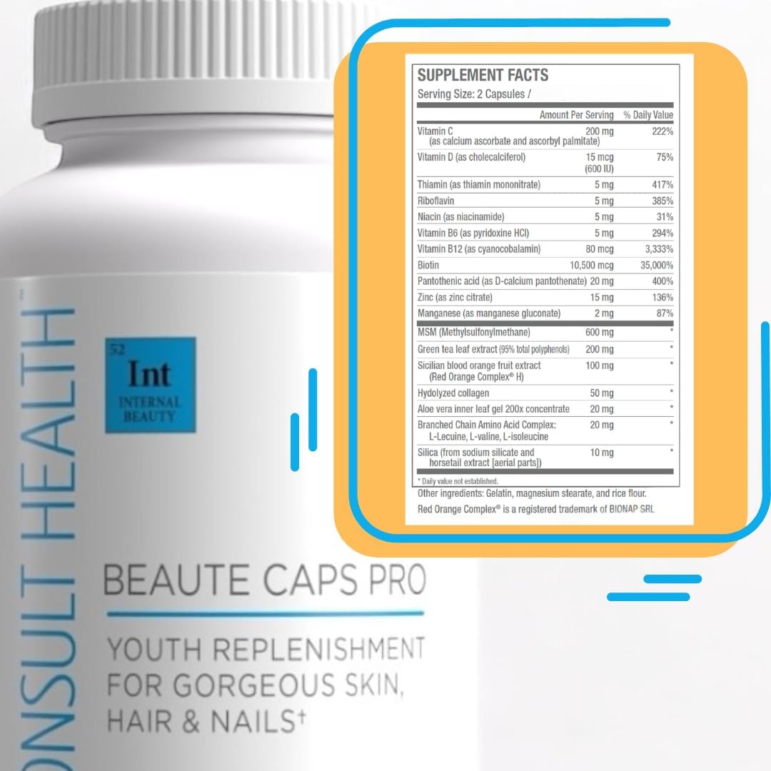 Consult Beaute Collagen Supplement Capsules with Biotin 10,500mcg, MSM, Blood Orange - Skin, Hair, Nails Health - Anti-Aging Vitamins - Made in USA