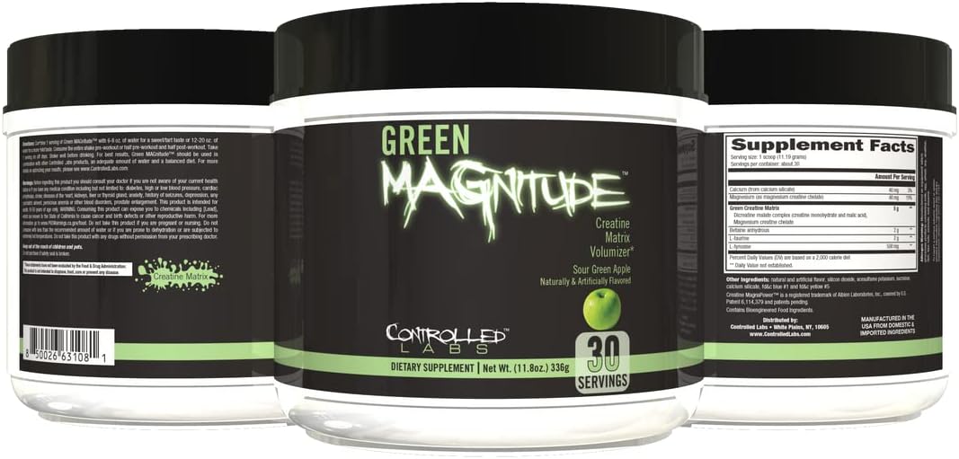 CONTROLLED LABS Green Magnitude Synergistic Creatine Supplement Powder - Sour Green Apple Flavor, 30 Servings - Boosts Strength, Stamina, Performance