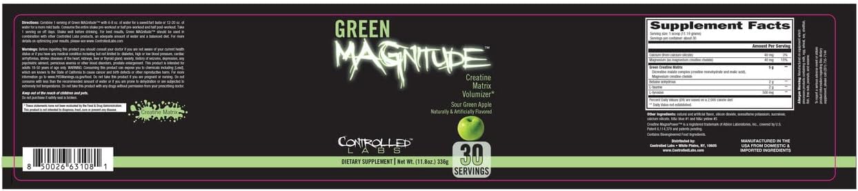 CONTROLLED LABS Green Magnitude Synergistic Creatine Supplement Powder - Sour Green Apple Flavor, 30 Servings - Boosts Strength, Stamina, Performance