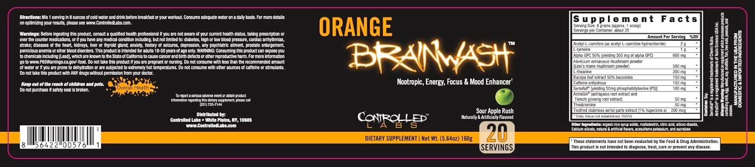 Controlled Labs Orange Brainwash Powder - Boost Energy, Focus, and Cognition - 20 Servings - Brain Nootropic for Stamina