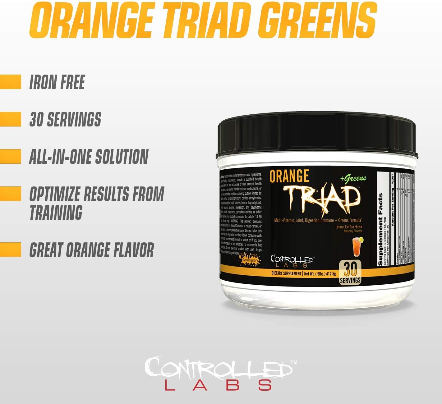 Controlled Labs Orange Triad Plus Greens - Iron-Free Multivitamin Sports Supplement for Men and Women, 30 Servings - Supports Overall Health, Digestion, Immune System, and Joint Health