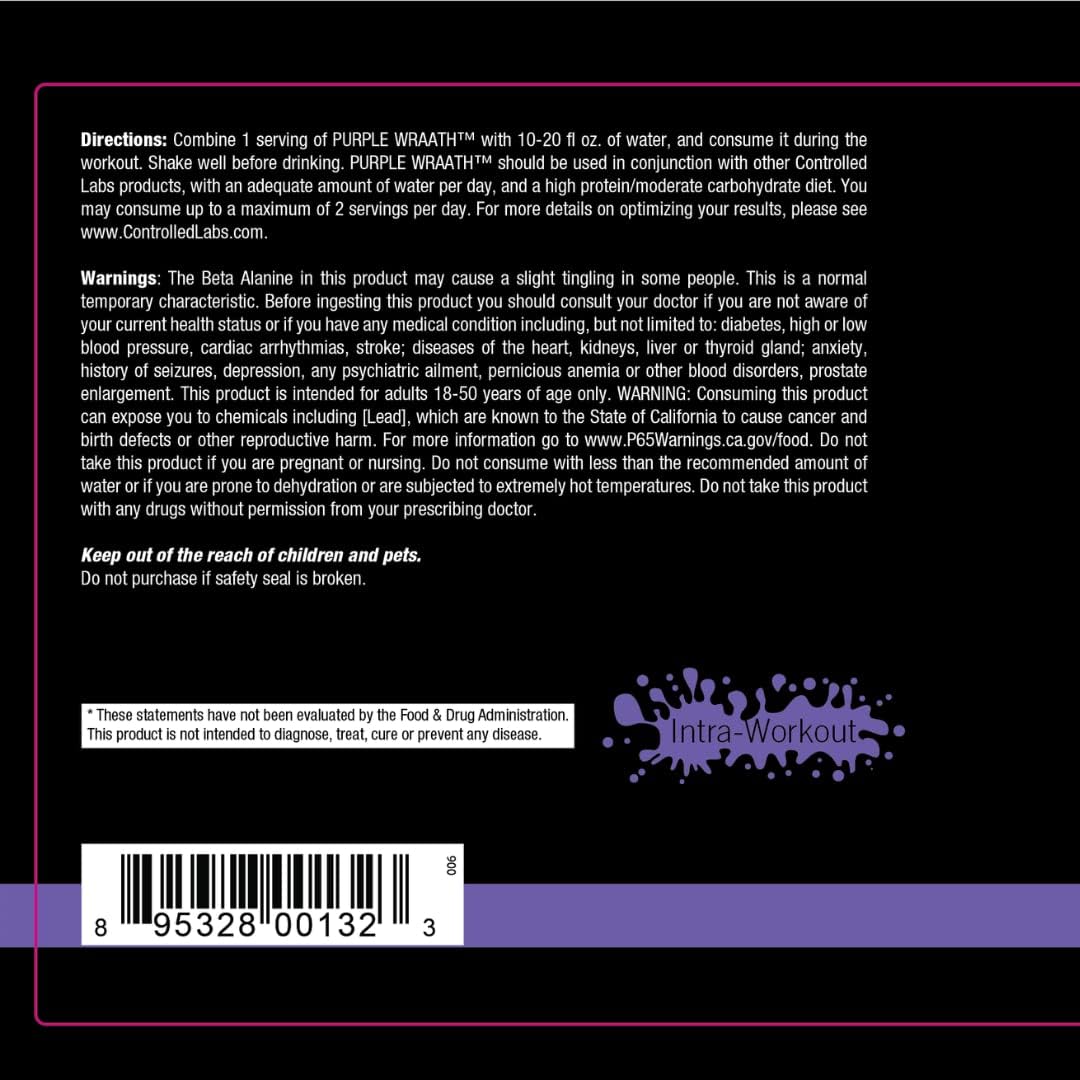 CONTROLLED LABS Purple Wraath: BCAA and EAA Amino Acid Supplement for Optimal Endurance and Stamina - Sour Peach Flavor, 90 Servings