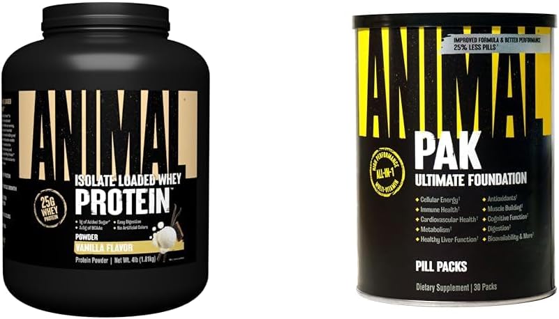 Convenient Animal Whey Isolate Protein Powder & Multivitamin Pack - 4lb Powder, 30 Count Pack