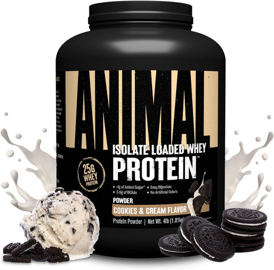 Cookies & Cream Animal Whey Isolate Protein Powder - 25g Protein, Low Sugar, Muscle Builder for Pre & Post Workout Recovery - Digestive Enzymes for Men & Women - 4 lbs