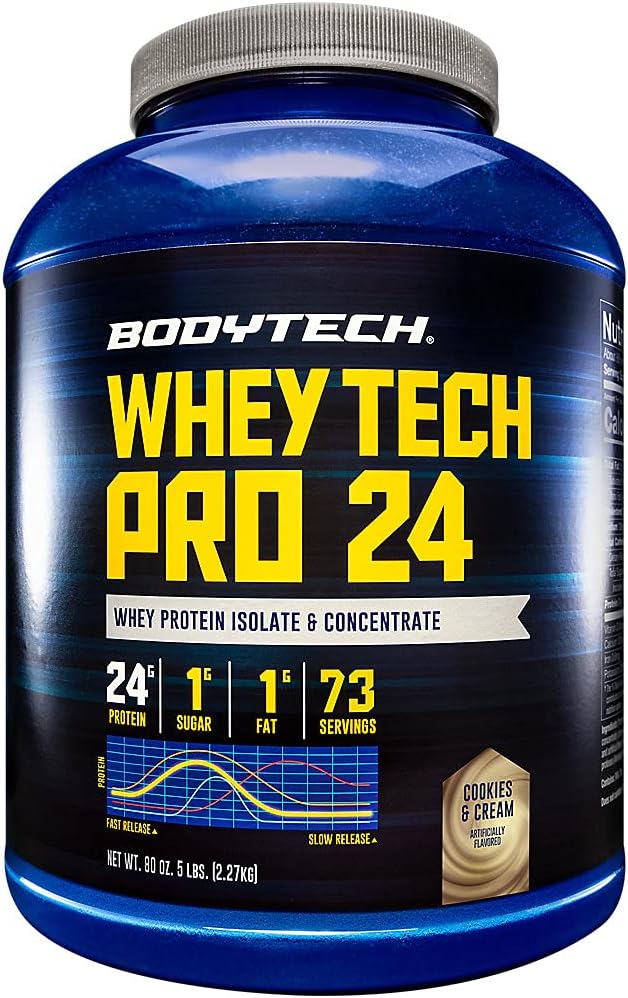 Cookies & Cream BodyTech Whey Tech Pro 24 Protein Powder - Enzyme Blend with BCAA's for Muscle Growth & Recovery - Ideal Post-Workout Supplement