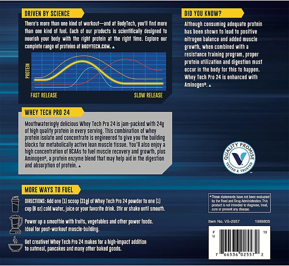 Cookies & Cream BodyTech Whey Tech Pro 24 Protein Powder - Enzyme Blend with BCAA's for Muscle Growth & Recovery - Ideal Post-Workout Supplement