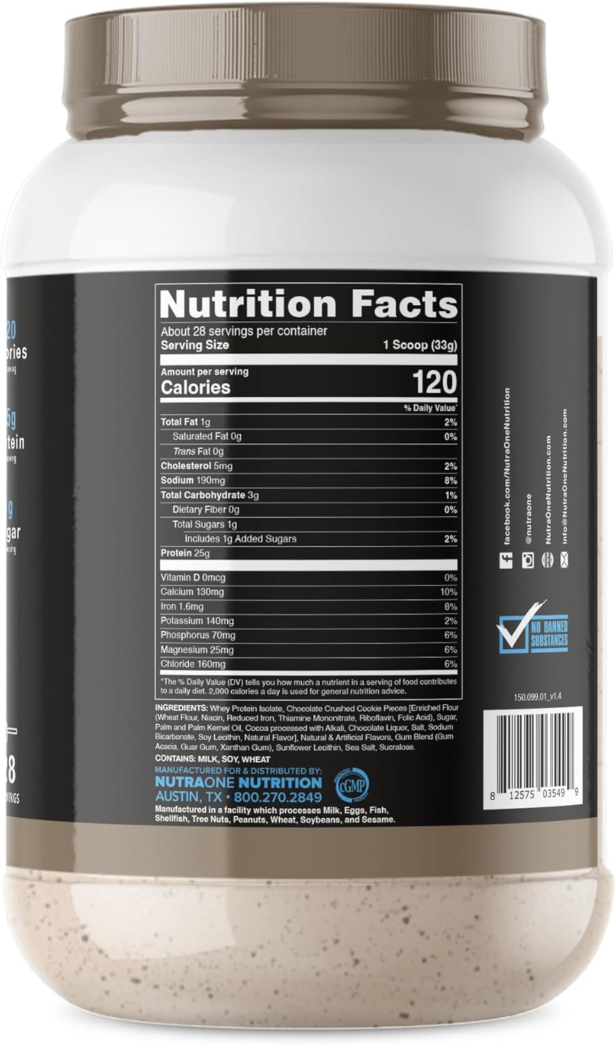 Cookies & Cream Whey Isolate Protein Powder - 100% Pure IsolateOne by NutraOne (28 Servings)