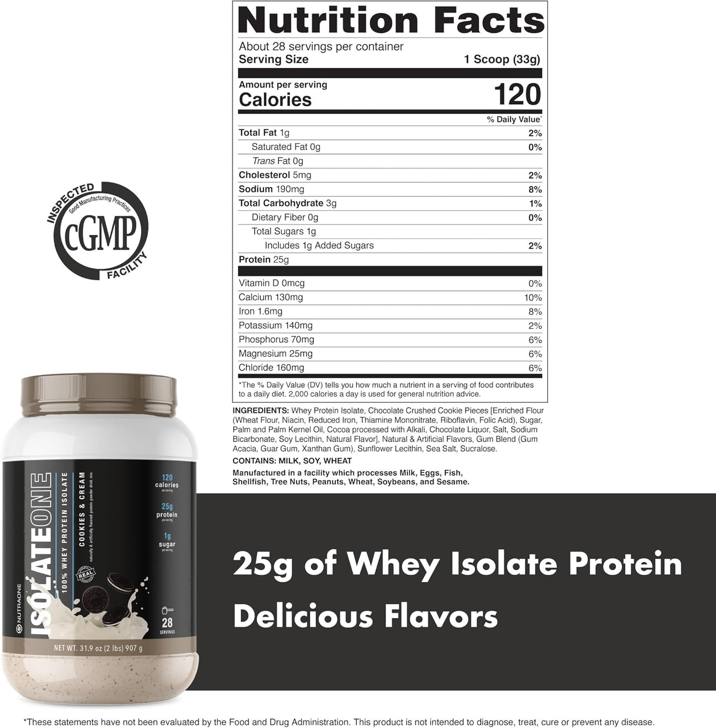 Cookies & Cream Whey Isolate Protein Powder - 100% Pure IsolateOne by NutraOne (28 Servings)