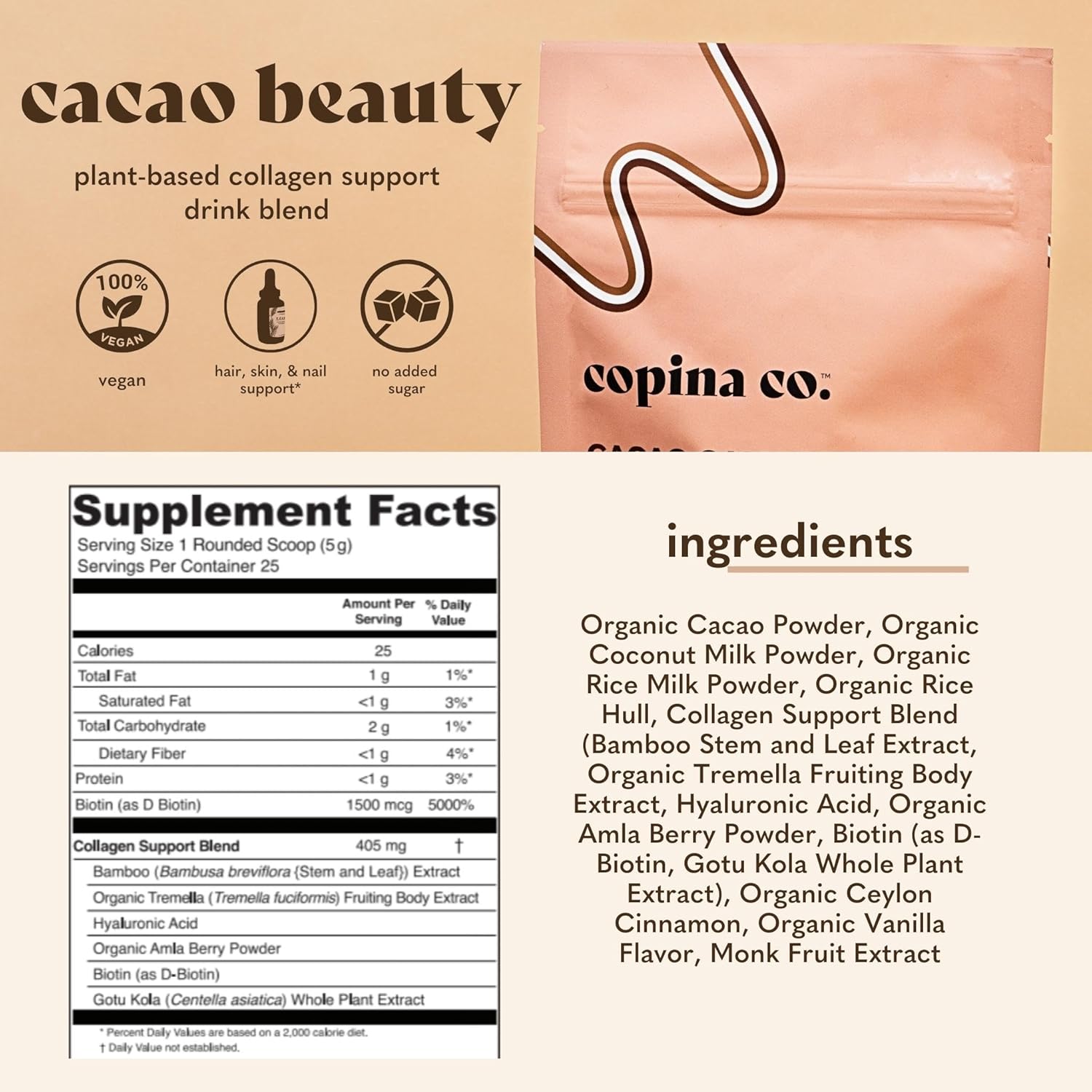 Copina Co. Cacao Plant-Based Collagen Support Drink Blend - Boosts Collagen for Healthy Hair, Skin & Nails - Professional Formula - Sustainable Packaging - 225 Servings