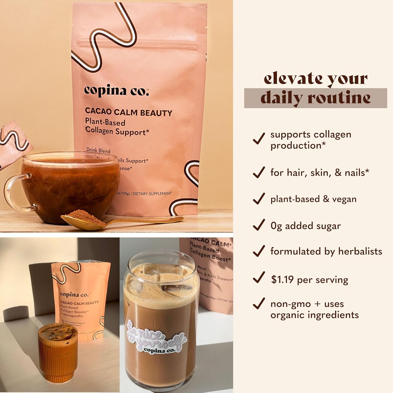 Copina Co. Cacao Plant-Based Collagen Support Drink Blend - Boosts Collagen for Healthy Hair, Skin & Nails - Professional Formula - Sustainable Packaging - 225 Servings