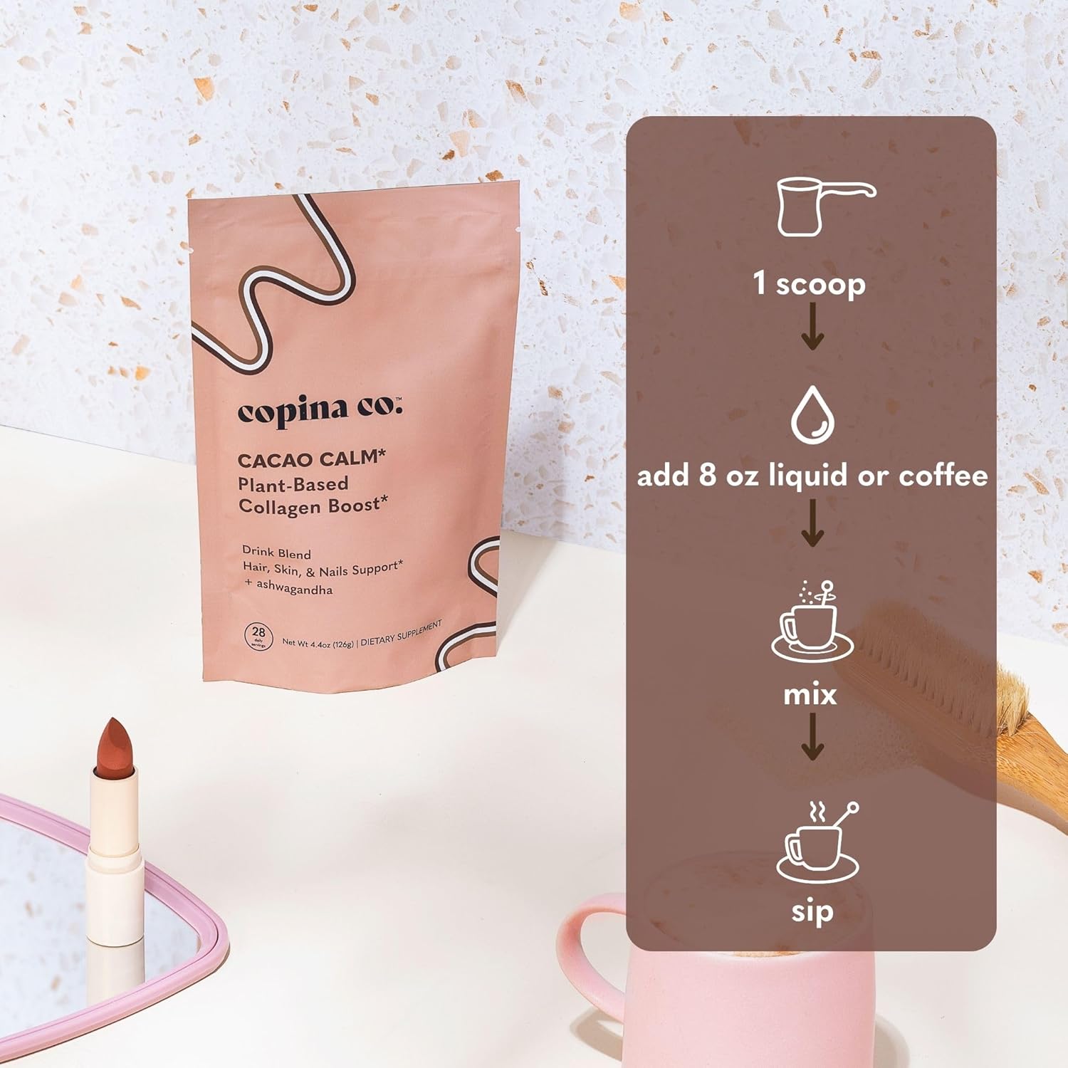 Copina Co. Cacao Plant-Based Collagen Support Drink Blend - Boosts Collagen for Healthy Hair, Skin & Nails - Professional Formula - Sustainable Packaging - 225 Servings