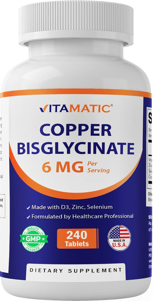 Copper Bisglycinate 6mg with Vitamin D3, Zinc, and Selenium - 240 Tablets, Non-GMO & Gluten Free