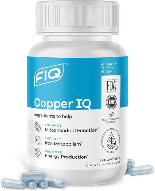 Copper Bisglycinate Supplements for Energy & Mitochondrial Support - High Absorption Chelated Copper - 60 Capsules