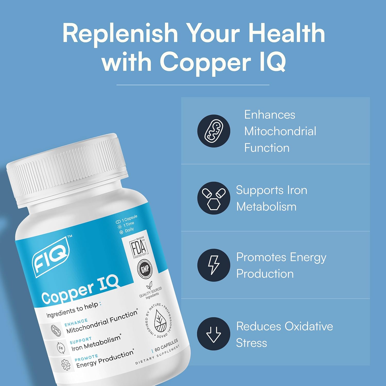 Copper Bisglycinate Supplements for Energy & Mitochondrial Support - High Absorption Chelated Copper - 60 Capsules