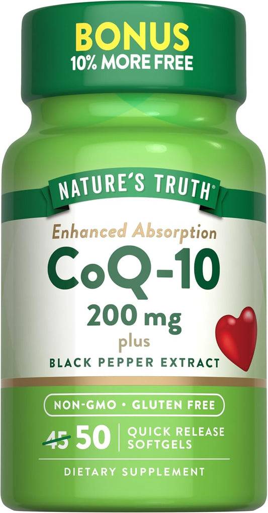 CoQ10 200 mg Softgels with Black Pepper Extract | Enhanced Absorption | Non-GMO, Gluten Free | 50 Count