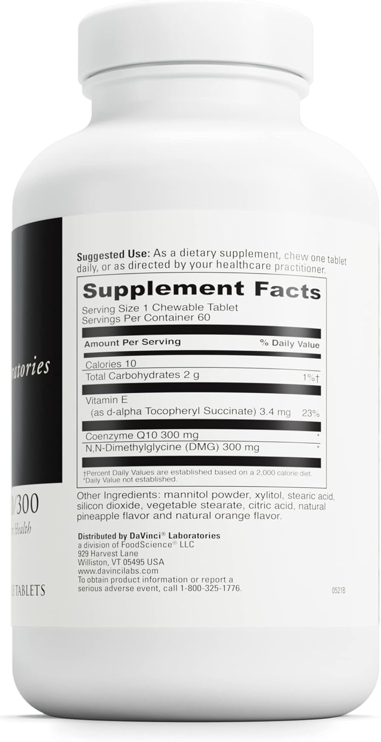 CoQ10 and DMG Heart Health Support Supplement - 300/300 - Boost Energy Function - Vegetarian - Gluten-Free - 60 Chewable Tablets