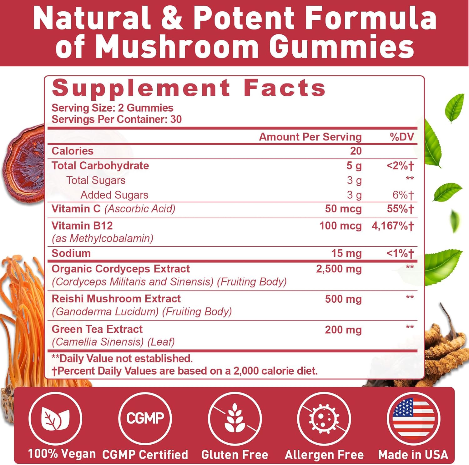 Cordyceps Reishi Mushroom Energy Gummies for Adults - 660 Count, with Cortisol & Brain Supplements for Memory, Focus, Rest, & Athletic Performance - Men & Women