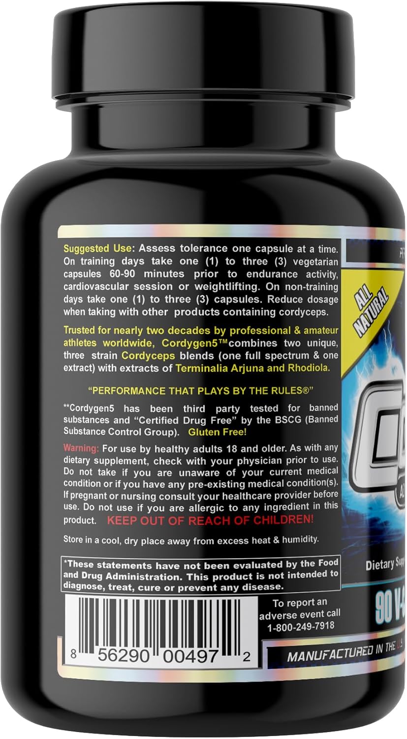 Cordygen5: US Grown Cordyceps ATP Supplement with Terminalia Arjuna Extract - Immune Support and Preworkout Formula (90 VCaps)