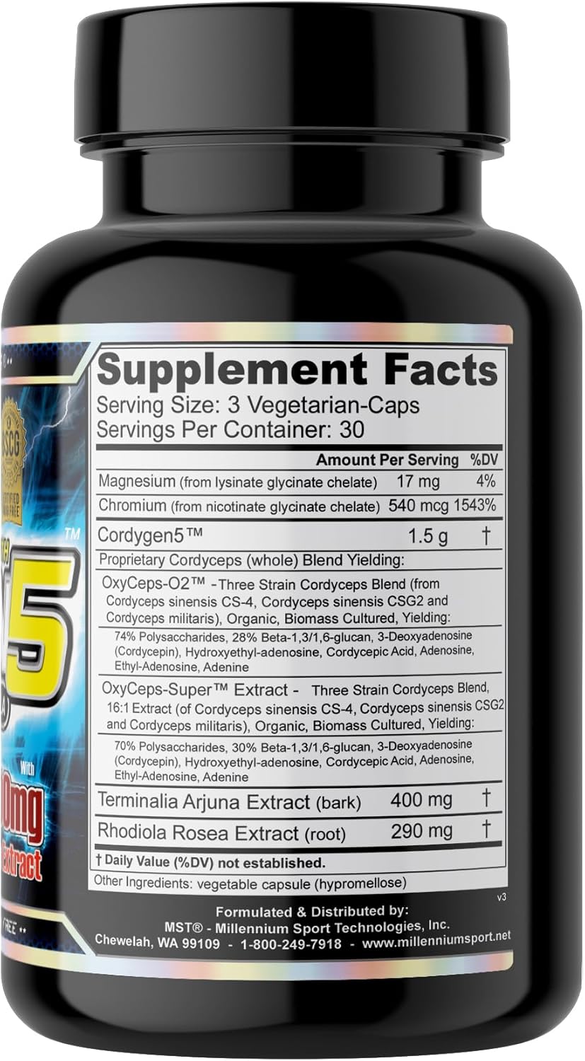 Cordygen5: US Grown Cordyceps ATP Supplement with Terminalia Arjuna Extract - Immune Support and Preworkout Formula (90 VCaps)