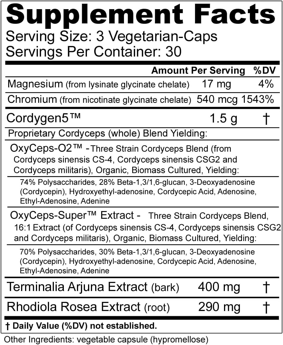 Cordygen5: US Grown Cordyceps ATP Supplement with Terminalia Arjuna Extract - Immune Support and Preworkout Formula (90 VCaps)