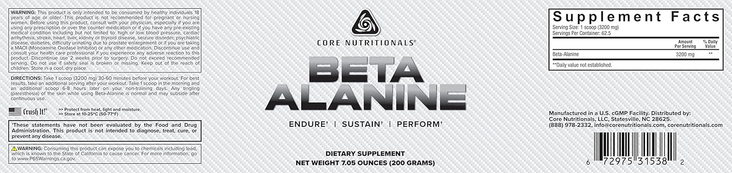 Core Nutritionals Beta Alanine Supplement - 3.2 Grams per Serving for Muscle Building and Recovery