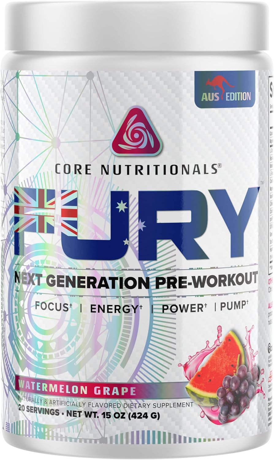 Core Nutritionals Fury Platinum Pre Workout: High-Caffeine Energy Booster with Creatine Monohydrate, L-Citrulline, Watermelon Grape Flavor - 20 Servings