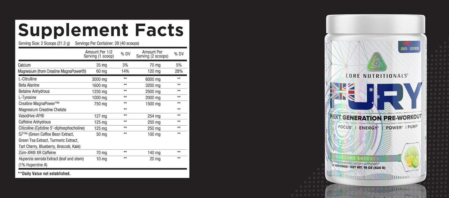 Core Nutritionals Fury Platinum Pre Workout: High-Caffeine Energy Booster with Creatine Monohydrate, L-Citrulline, Watermelon Grape Flavor - 20 Servings