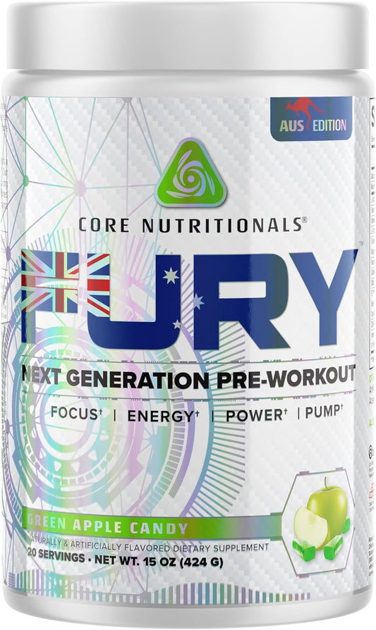 Core Nutritionals Fury Platinum Pre Workout Intensifier - 375mg Caffeine, 5G Creatine Monohydrate, 6G L-Citruline - Green Apple Candy - 20 Servings