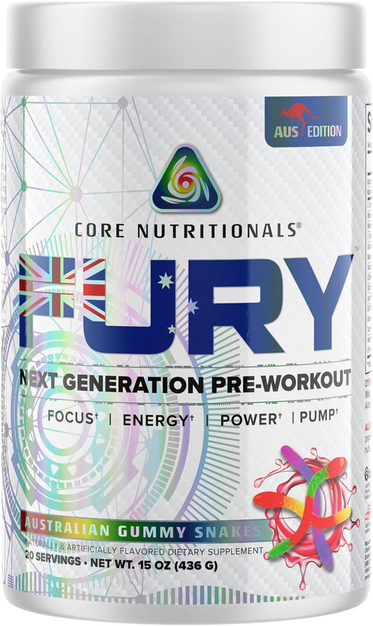 Core Nutritionals Fury Platinum Pre Workout Intensifier - 375mg Caffeine, 5G Creatine Monohydrate, 6G L-Citruline - Maximum Pump, Power, Focus, Energy - 20 Servings - Australian Gummy Snakes