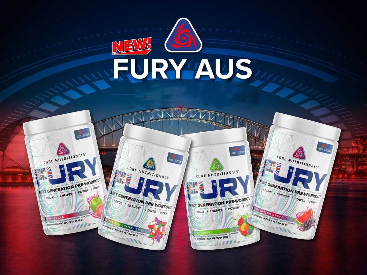 Core Nutritionals Fury Platinum Pre Workout Intensifier - 375mg Caffeine, 5G Creatine Monohydrate, 6G L-Citruline - Maximum Pump, Power, Focus, Energy - 20 Servings - Australian Gummy Snakes
