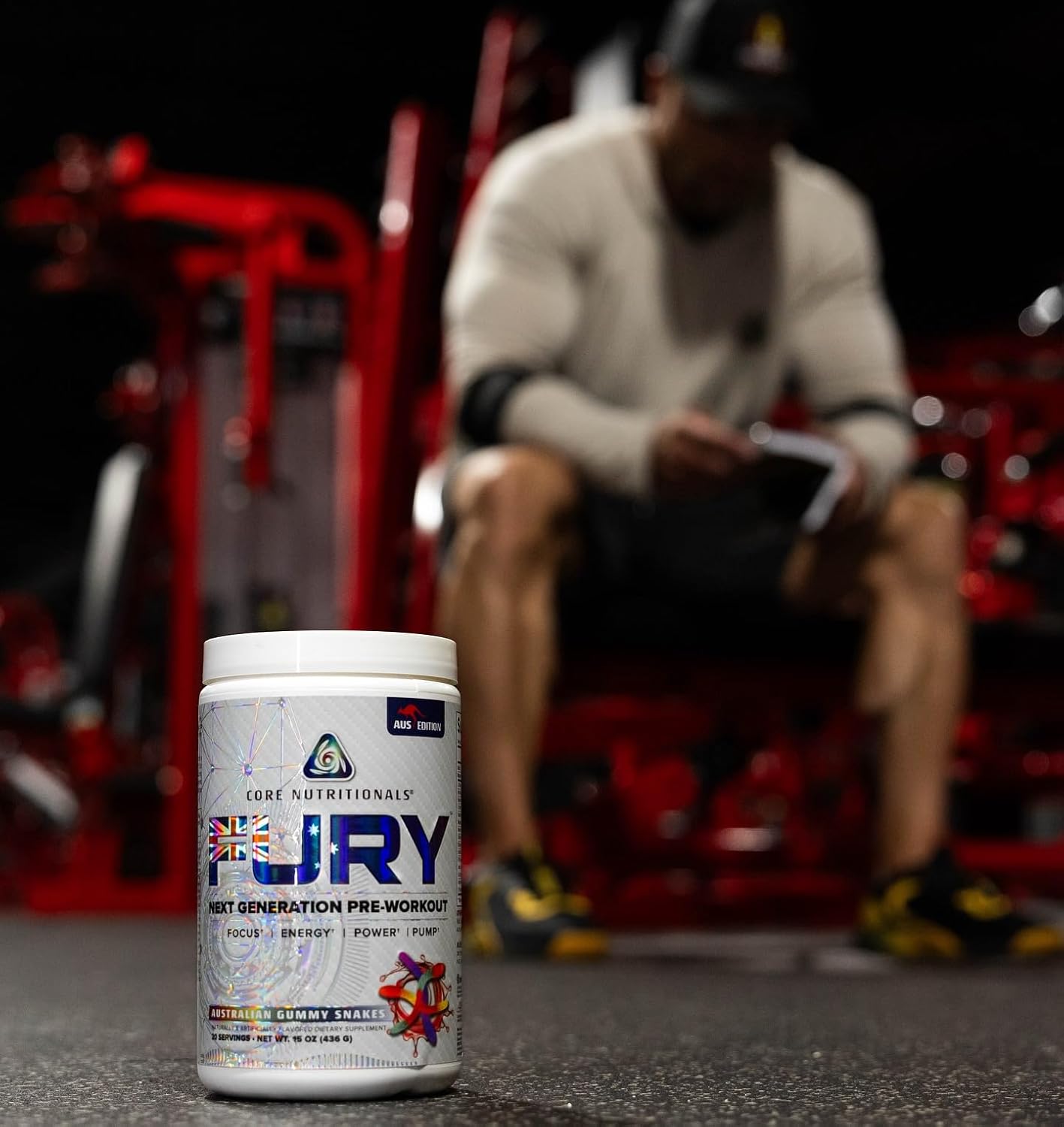 Core Nutritionals Fury Platinum Pre Workout Intensifier - 375mg Caffeine, 5G Creatine Monohydrate, 6G L-Citruline - Maximum Pump, Power, Focus, Energy - 20 Servings - Australian Gummy Snakes