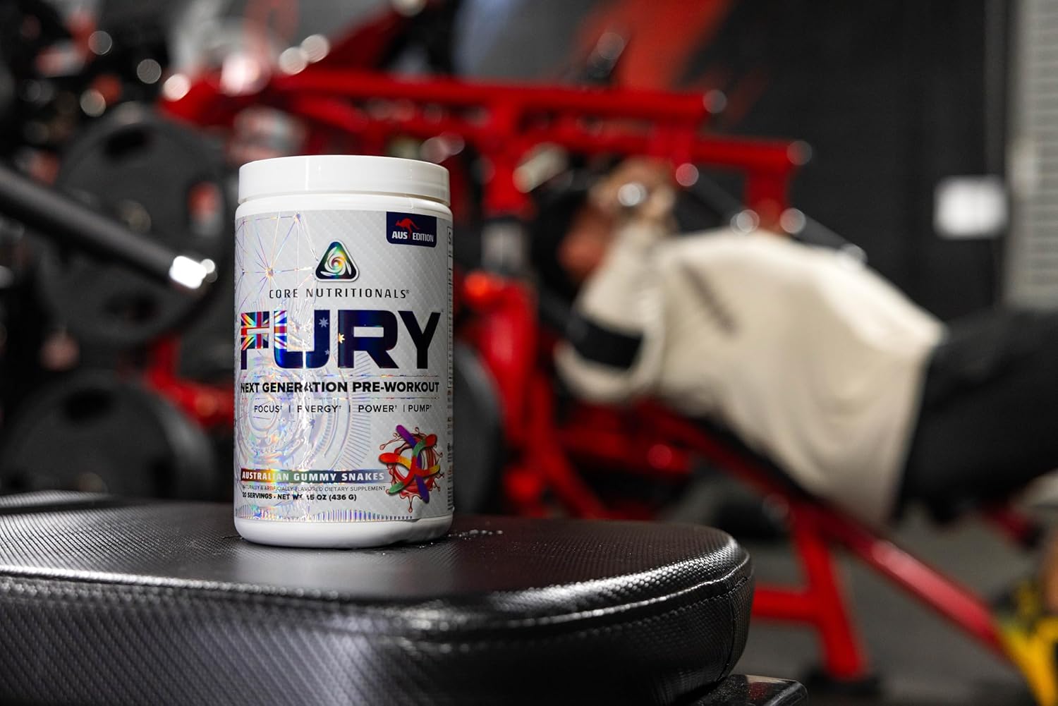 Core Nutritionals Fury Platinum Pre Workout Intensifier - 375mg Caffeine, 5G Creatine Monohydrate, 6G L-Citruline - Maximum Pump, Power, Focus, Energy - 20 Servings - Australian Gummy Snakes