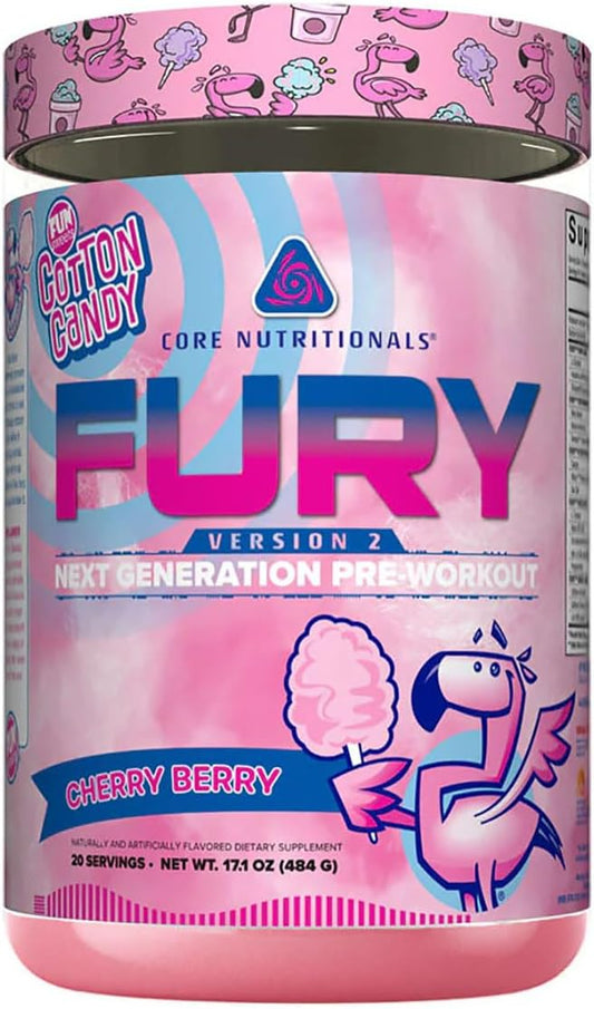Core Nutritionals Fury V2: Enhanced Pre-Workout Powder with Zum-XR® Caffeine, L-Citrulline, and Alpha GPC for Optimal Gym Performance (40 Servings, Fun Sweets™ Cherry Berry Flavor)