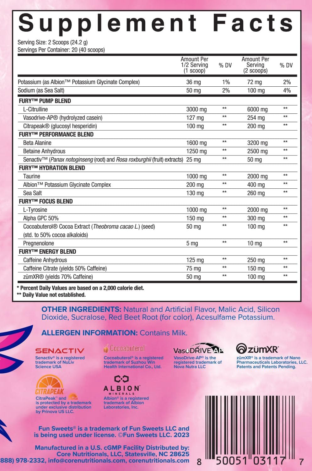 Core Nutritionals Fury V2: Enhanced Pre-Workout Powder with Zum-XR® Caffeine, L-Citrulline, and Alpha GPC for Optimal Gym Performance (40 Servings, Fun Sweets™ Cherry Berry Flavor)