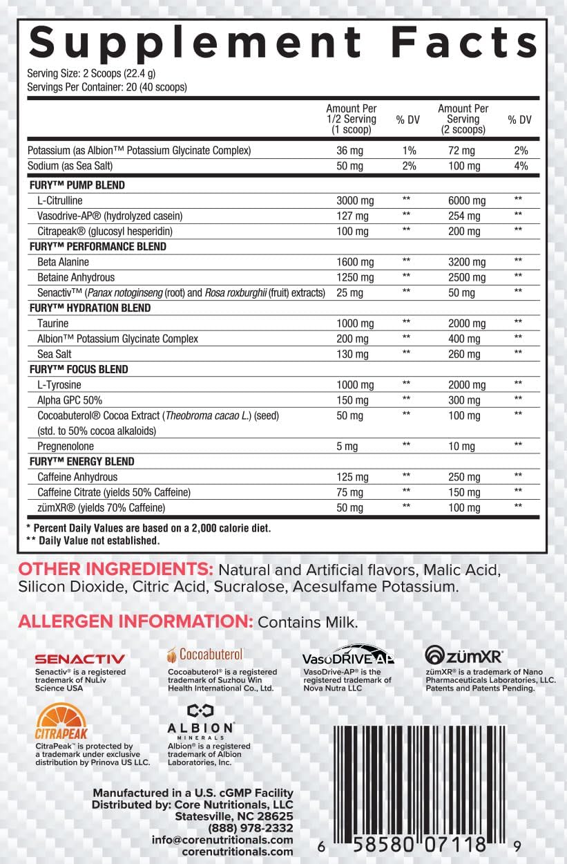 Core Nutritionals Fury V2 Pre-Workout Powder - Enhance Gym Performance with Zum-XR® Caffeine, L-Citrulline, Alpha GPC - 40 Scoops - Strawberry Colada