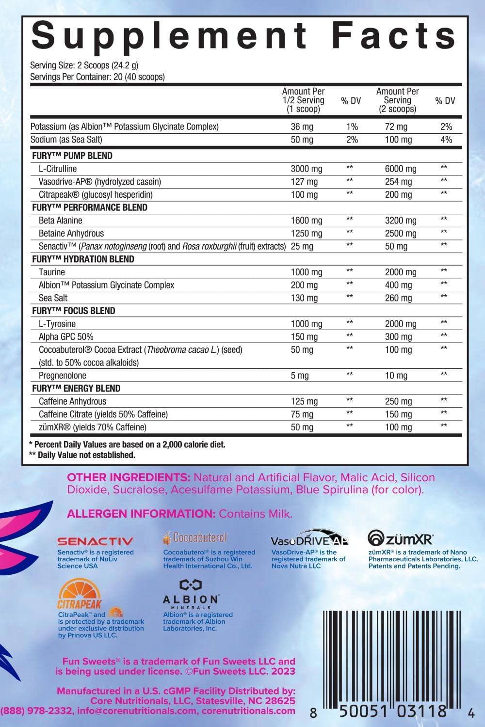 Core Nutritionals Fury V2 Pre-Workout Powder with Zum-XR® Caffeine, L-Citrulline, Alpha GPC - Blue Raspberry - 40 Scoops